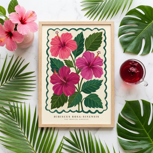 Hibiscus Rosa Sinensis Wall Art, Pink Tropical Flower Print, Botanical Poster, Boho Floral Wall Decor, Framed Hibiscus Painting Gift