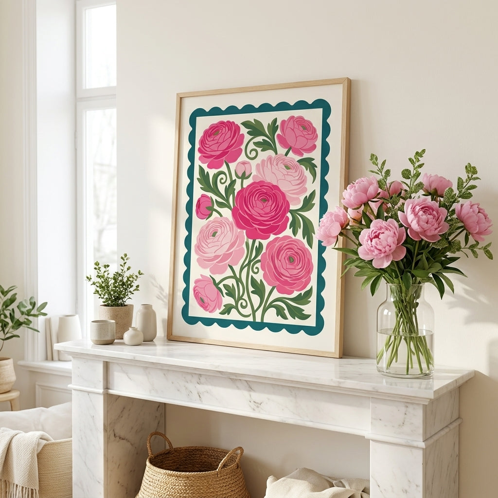 Pink Ranunculus Asiaticus Wall Art Print, Botanical Floral Poster, Teal Scalloped Border, Maximalist Cottage Decor, Framed Flower Print