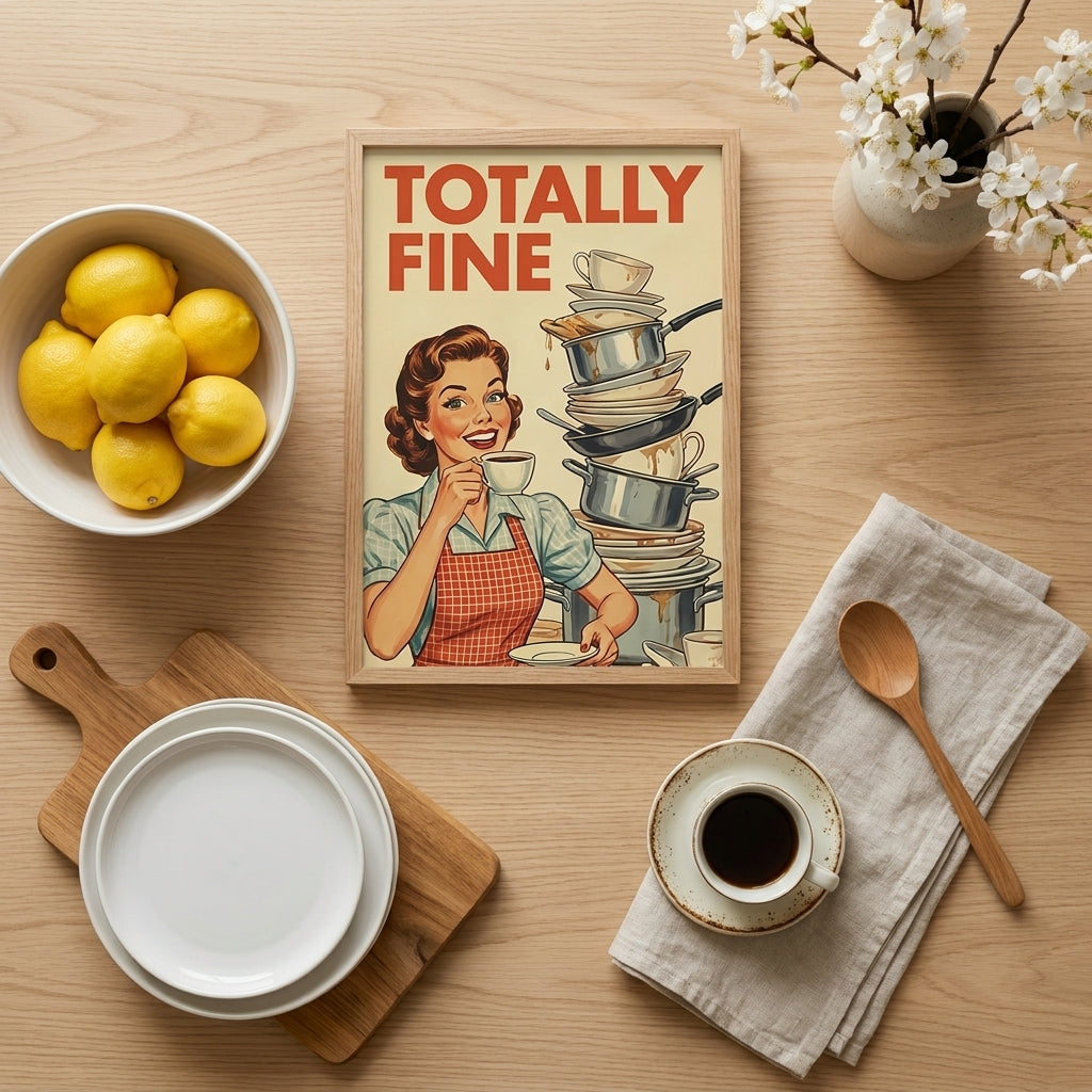 Totally Fine Retro Kitchen Wall Art, Funny Vintage Housewife Poster, Mid Century Coffee Lover Print, Sarcastic Kitchen Decor