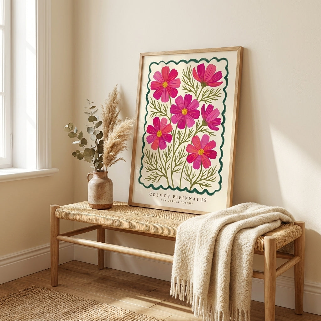 Cosmos Bipinnatus Wall Art, Pink Cosmos Flower Print, Botanical Poster, Floral Wall Decor, Garden Cottagecore Art, Boho Living Room Print