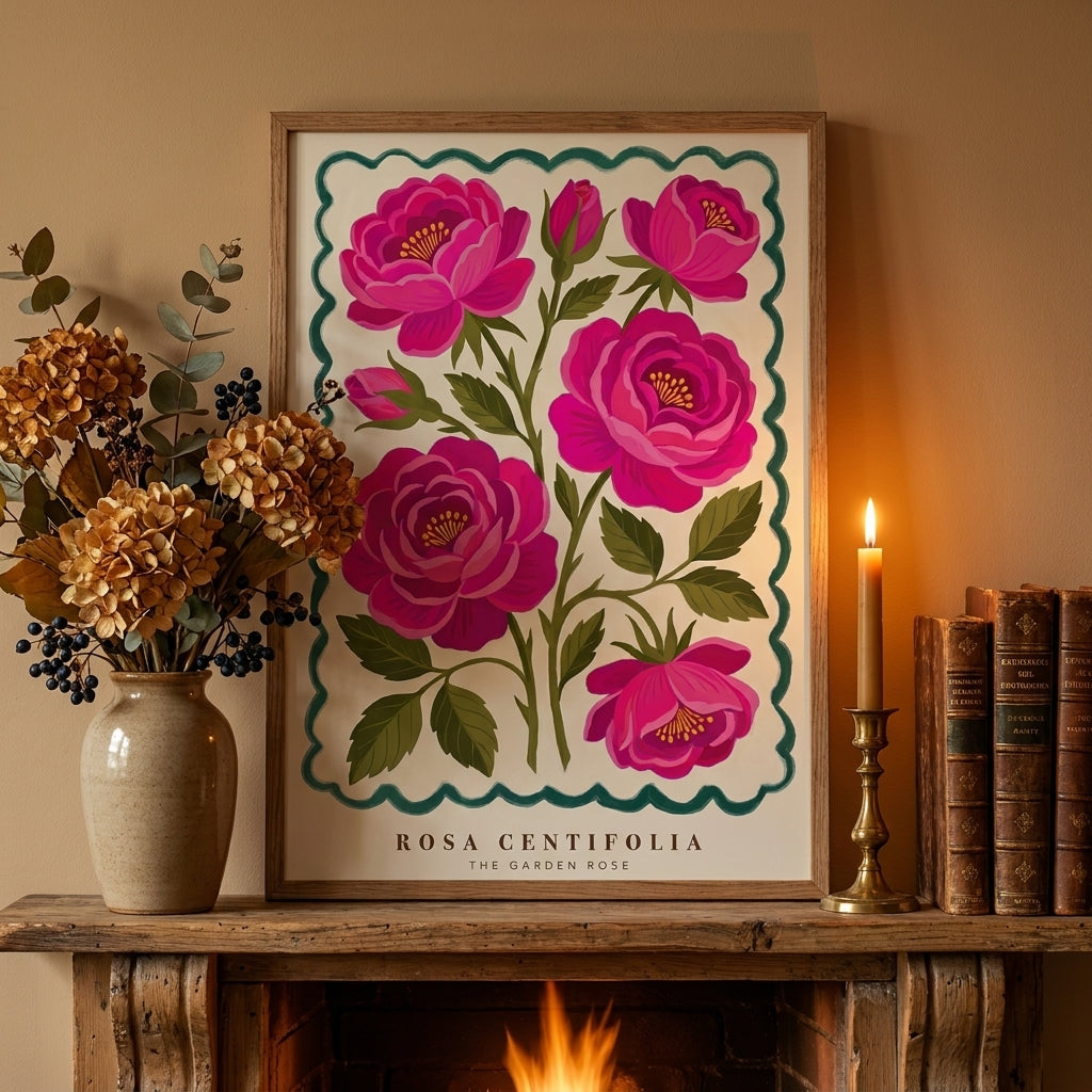 Rosa Centifolia Pink Rose Wall Art, Garden Rose Botanical Poster, Maximalist Floral Print, Bedroom Living Room Decor