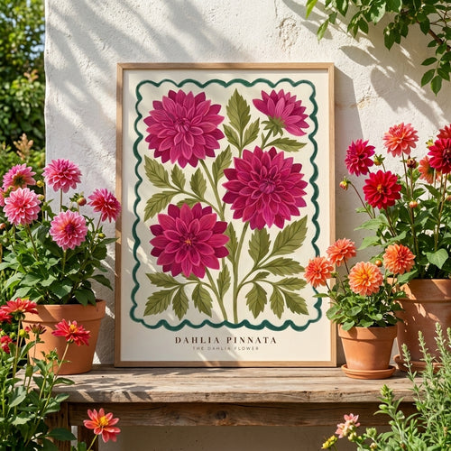 Dahlia Pinnata Flower Wall Art Print, Pink Magenta Botanical Poster, Vintage Floral Decor, Maximalist Cottagecore Living Room Art