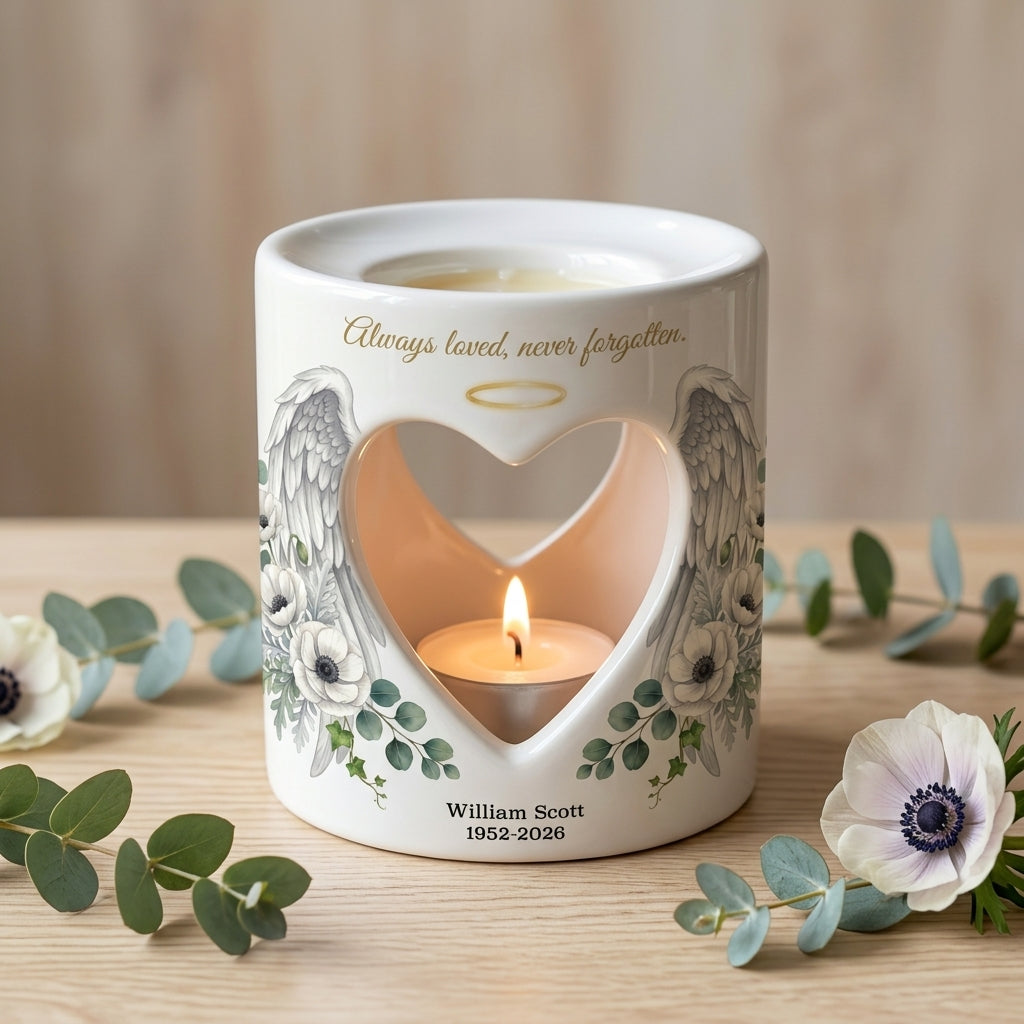 Personalized Memorial Candle Holder, Angel Wings Sympathy Tealight Holder, Custom Remembrance Gift, Always Loved Never Forgotten Keepsake