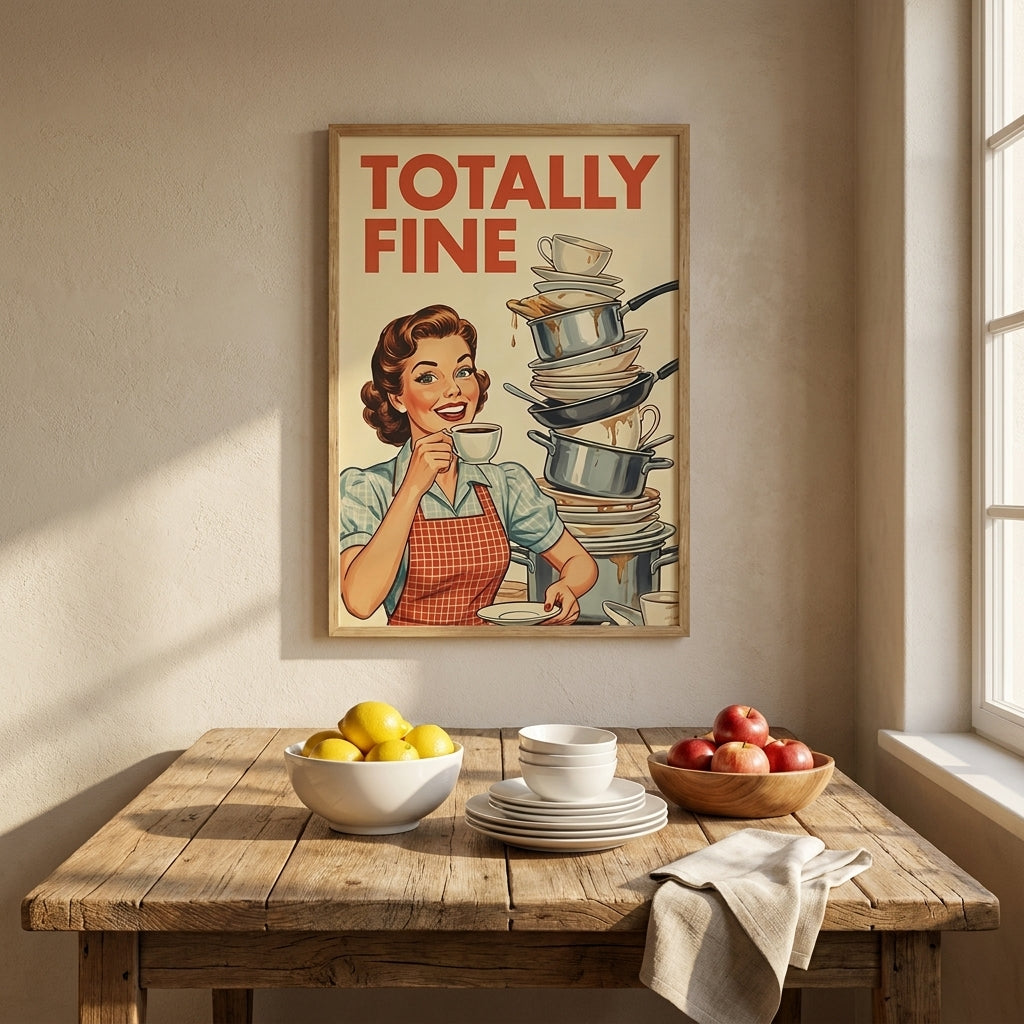 Totally Fine Retro Kitchen Wall Art, Funny Vintage Housewife Poster, Mid Century Coffee Lover Print, Sarcastic Kitchen Decor