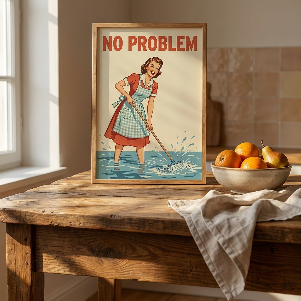 No Problem Vintage Housewife Wall Art, Retro Kitchen Poster, Mid Century Mop Print, Funny Laundry Room Decor, Ironic Homemaker Print