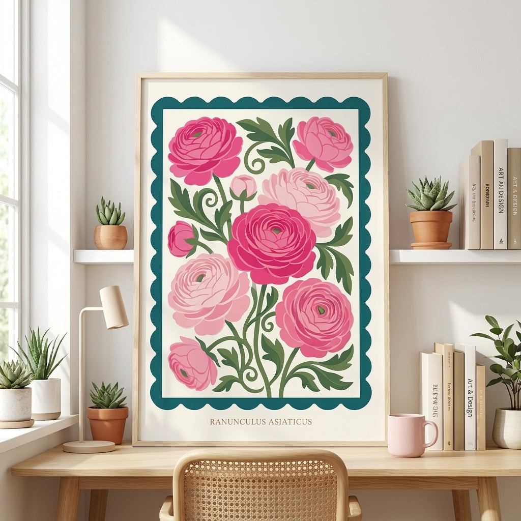 Pink Ranunculus Asiaticus Wall Art Print, Botanical Floral Poster, Teal Scalloped Border, Maximalist Cottage Decor, Framed Flower Print