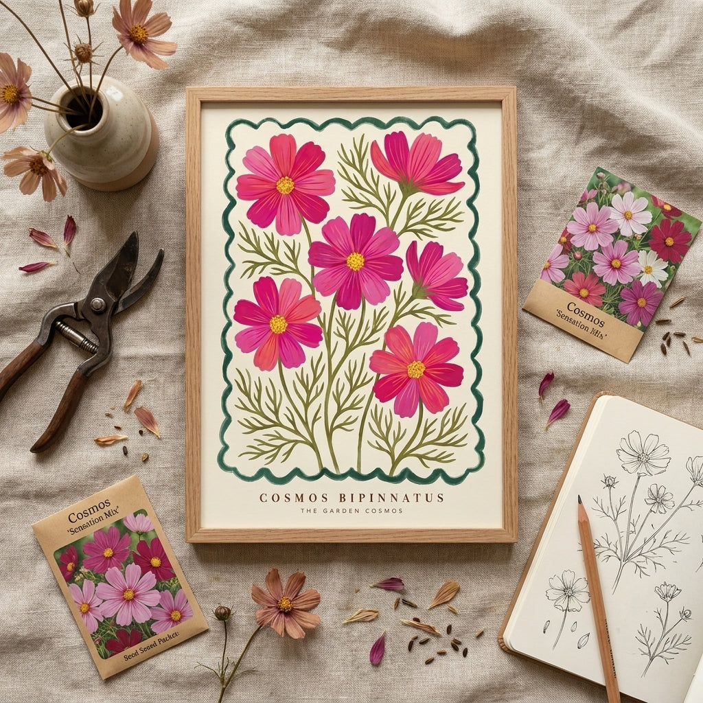 Cosmos Bipinnatus Wall Art, Pink Cosmos Flower Print, Botanical Poster, Floral Wall Decor, Garden Cottagecore Art, Boho Living Room Print