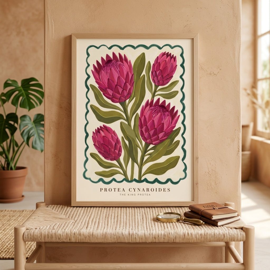 Protea Cynaroides King Protea Wall Art Print, Pink Botanical Poster, Vintage Floral Painting, Boho Cottagecore Living Room Decor