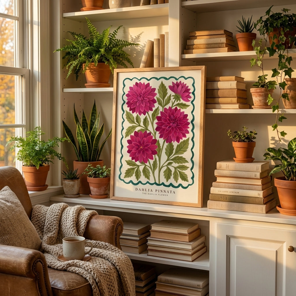 Dahlia Pinnata Flower Wall Art Print, Pink Magenta Botanical Poster, Vintage Floral Decor, Maximalist Cottagecore Living Room Art