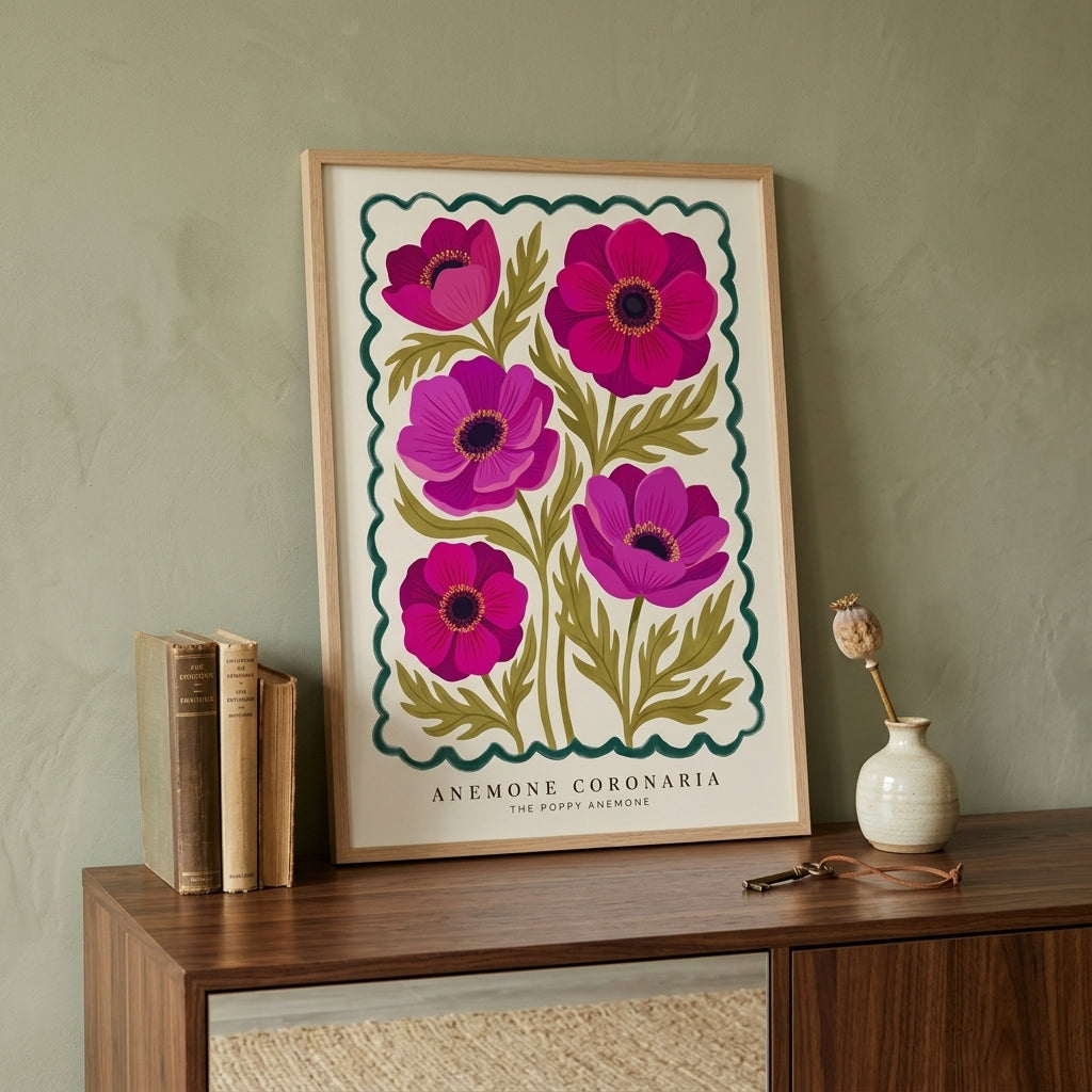 Anemone Coronaria Wall Art, Pink Poppy Anemone Botanical Print, Floral Wall Decor, Vintage Flower Market Poster, Maximalist Living Room Art