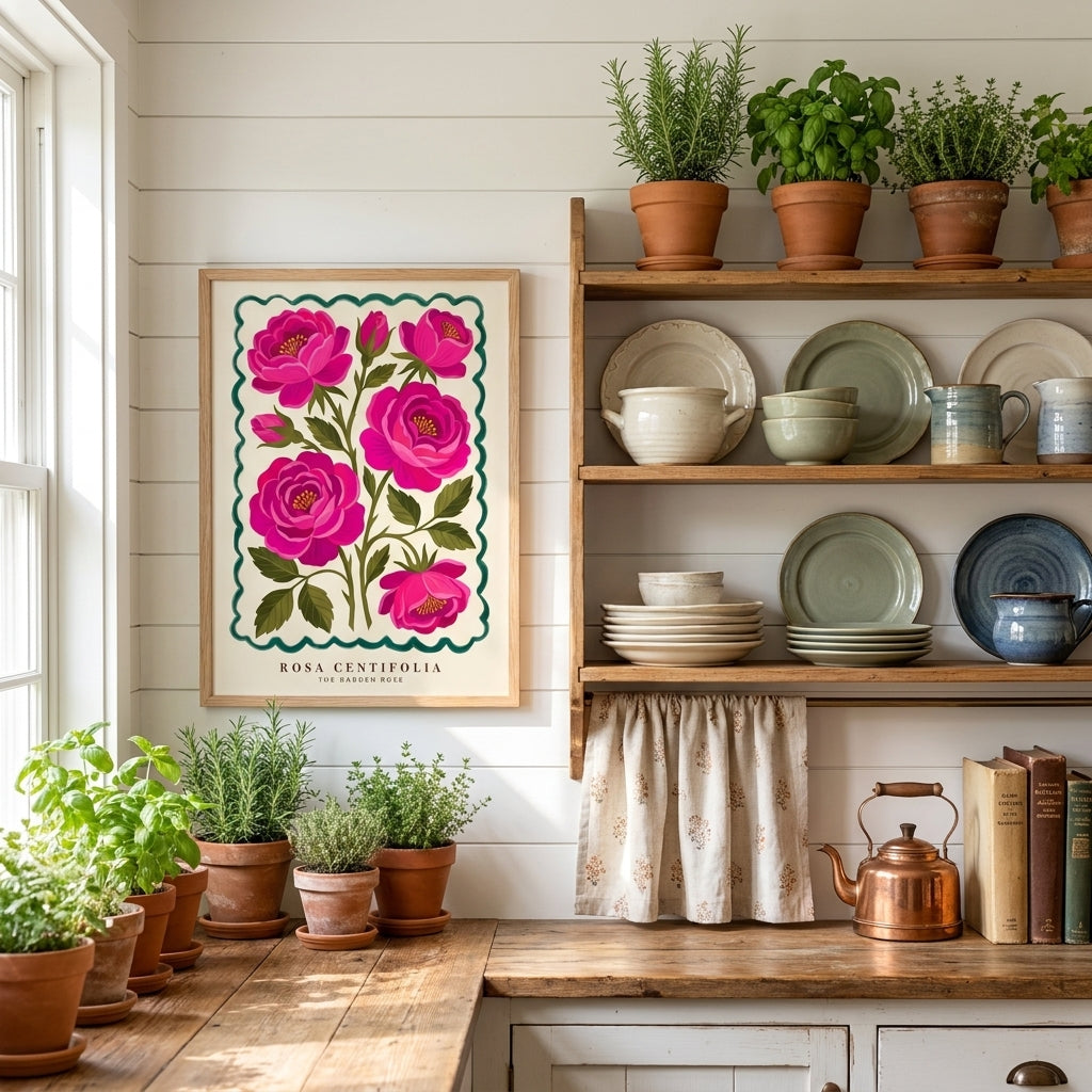 Rosa Centifolia Pink Rose Wall Art, Garden Rose Botanical Poster, Maximalist Floral Print, Bedroom Living Room Decor