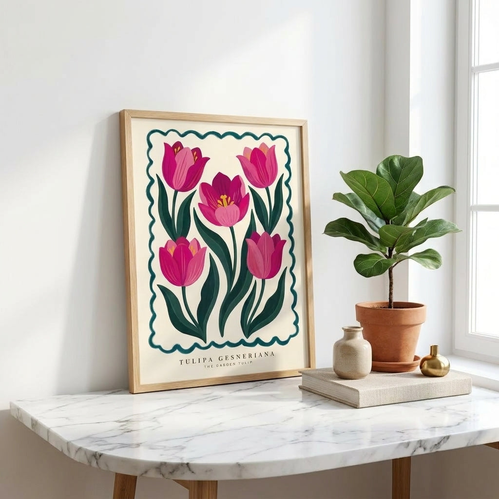 Pink Tulip Wall Art, Tulipa Gesneriana Botanical Print, Framed Floral Poster, Maximalist Cottagecore Decor, Garden Flower Painting Gift