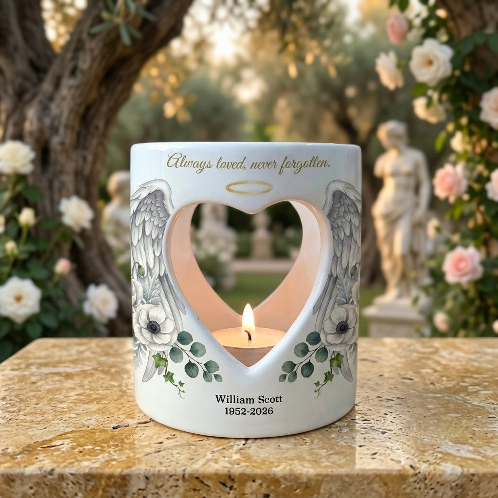 Personalized Memorial Candle Holder, Angel Wings Sympathy Tealight Holder, Custom Remembrance Gift, Always Loved Never Forgotten Keepsake