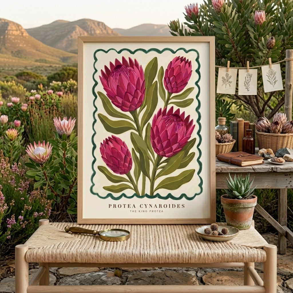 Protea Cynaroides King Protea Wall Art Print, Pink Botanical Poster, Vintage Floral Painting, Boho Cottagecore Living Room Decor