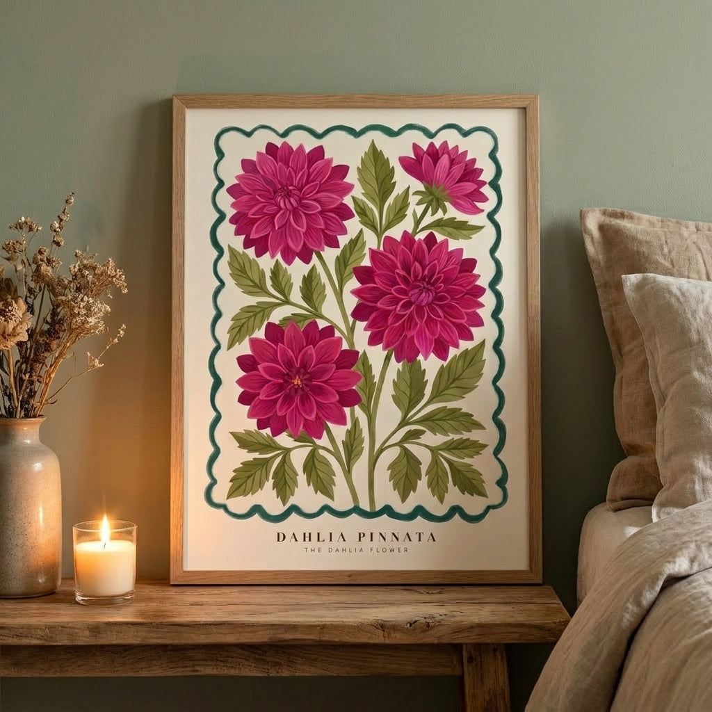 Dahlia Pinnata Flower Wall Art Print, Pink Magenta Botanical Poster, Vintage Floral Decor, Maximalist Cottagecore Living Room Art