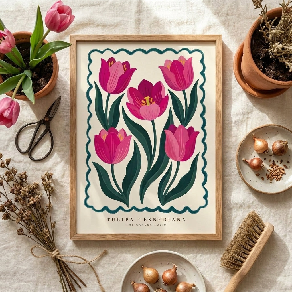 Pink Tulip Wall Art, Tulipa Gesneriana Botanical Print, Framed Floral Poster, Maximalist Cottagecore Decor, Garden Flower Painting Gift