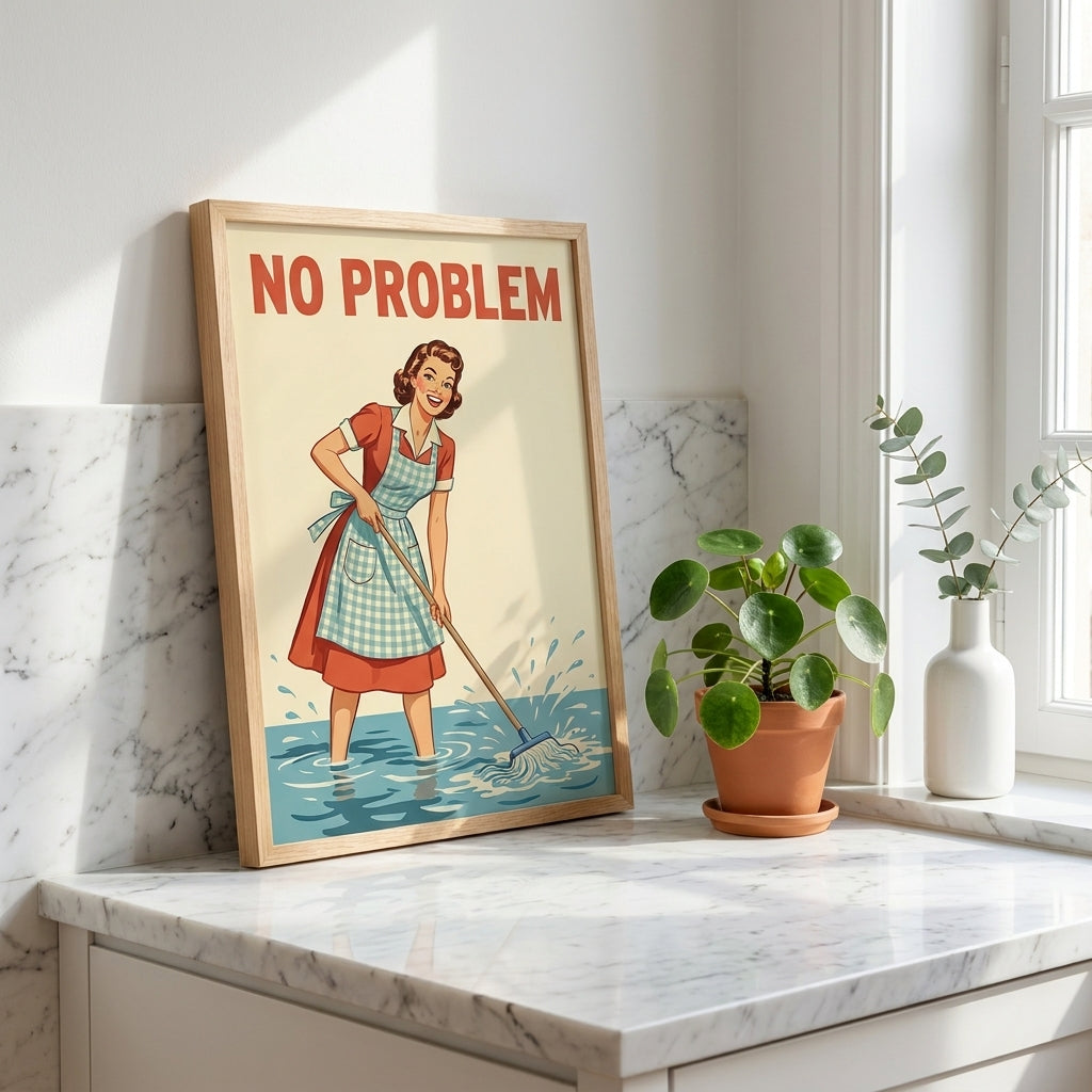 No Problem Vintage Housewife Wall Art, Retro Kitchen Poster, Mid Century Mop Print, Funny Laundry Room Decor, Ironic Homemaker Print