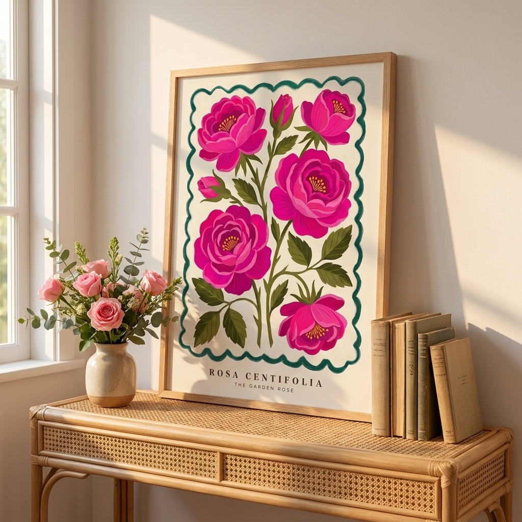 Rosa Centifolia Pink Rose Wall Art, Garden Rose Botanical Poster, Maximalist Floral Print, Bedroom Living Room Decor