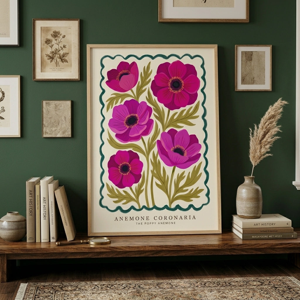 Anemone Coronaria Wall Art, Pink Poppy Anemone Botanical Print, Floral Wall Decor, Vintage Flower Market Poster, Maximalist Living Room Art