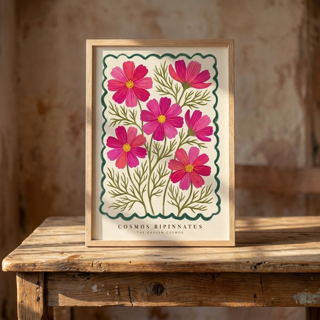 Cosmos Bipinnatus Wall Art, Pink Cosmos Flower Print, Botanical Poster, Floral Wall Decor, Garden Cottagecore Art, Boho Living Room Print
