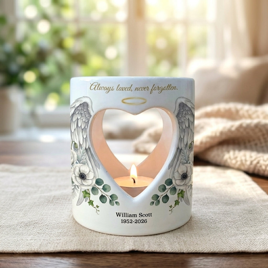 Personalized Memorial Candle Holder, Angel Wings Sympathy Tealight Holder, Custom Remembrance Gift, Always Loved Never Forgotten Keepsake