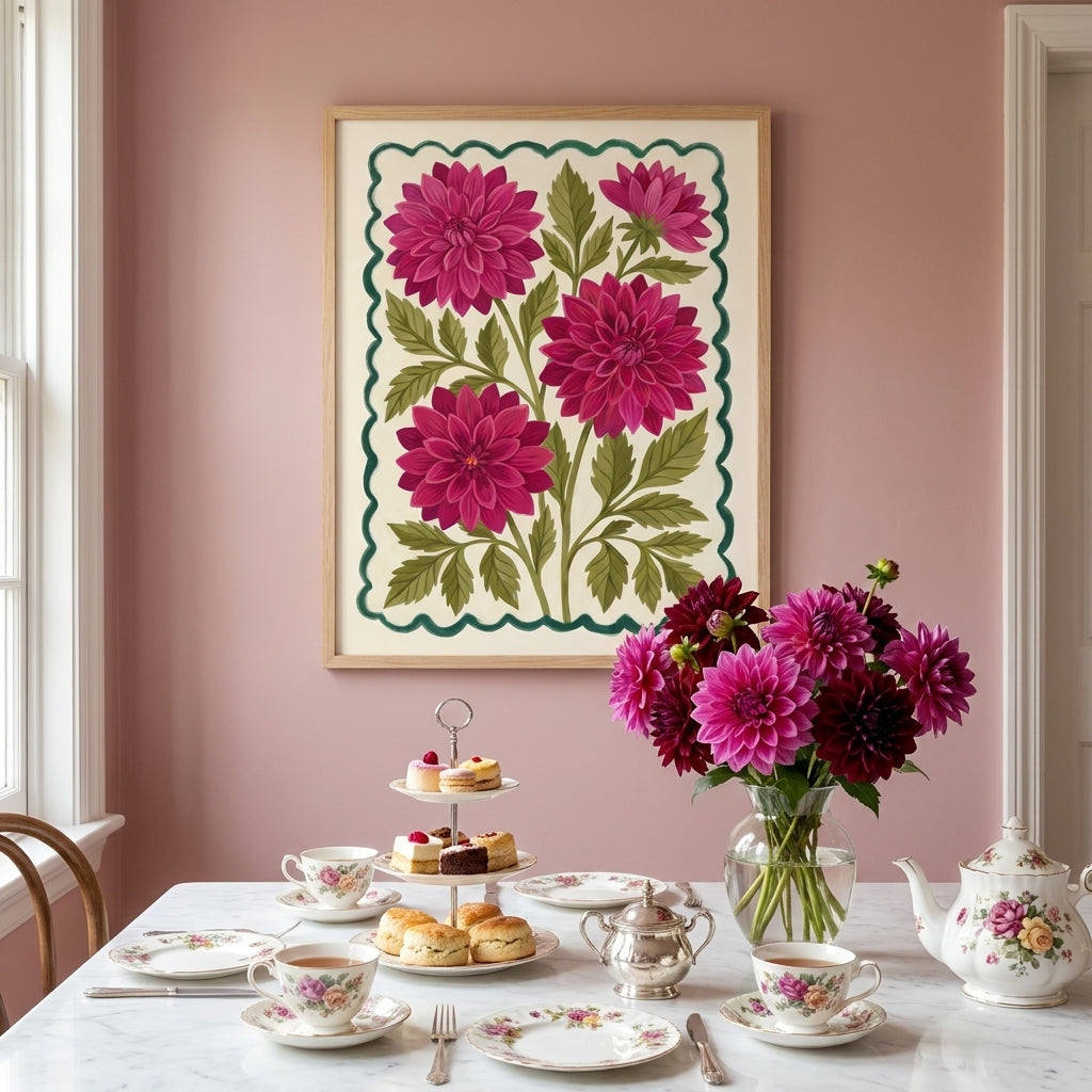 Dahlia Pinnata Flower Wall Art Print, Pink Magenta Botanical Poster, Vintage Floral Decor, Maximalist Cottagecore Living Room Art