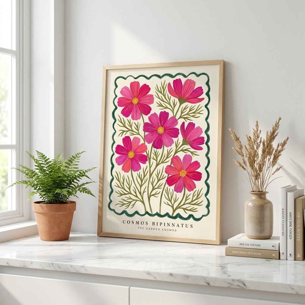 Cosmos Bipinnatus Wall Art, Pink Cosmos Flower Print, Botanical Poster, Floral Wall Decor, Garden Cottagecore Art, Boho Living Room Print