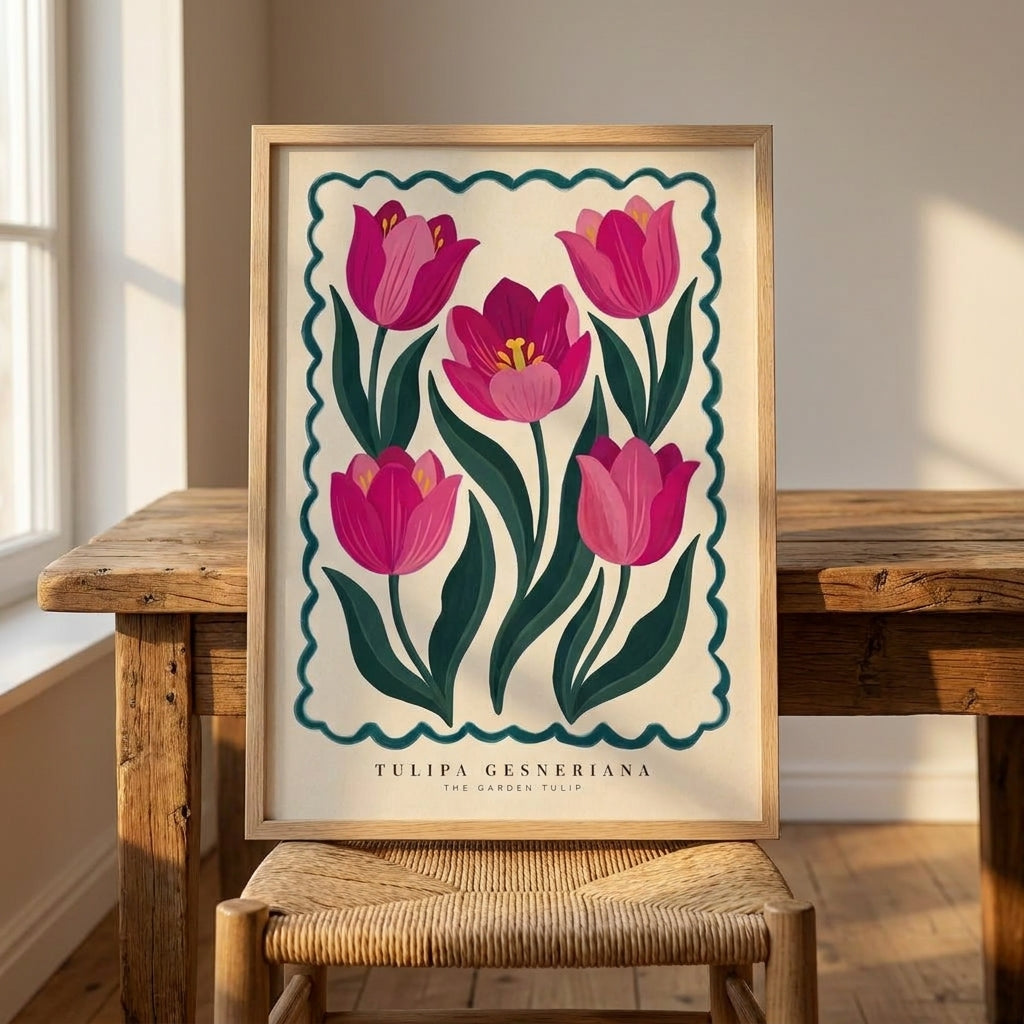 Pink Tulip Wall Art, Tulipa Gesneriana Botanical Print, Framed Floral Poster, Maximalist Cottagecore Decor, Garden Flower Painting Gift