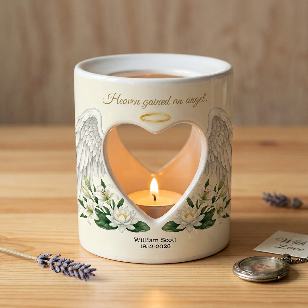 Personalized Memorial Candle Holder, Heaven Gained An Angel Ceramic Tealight Sympathy Gift, In Loving Memory Bereavement Keepsake