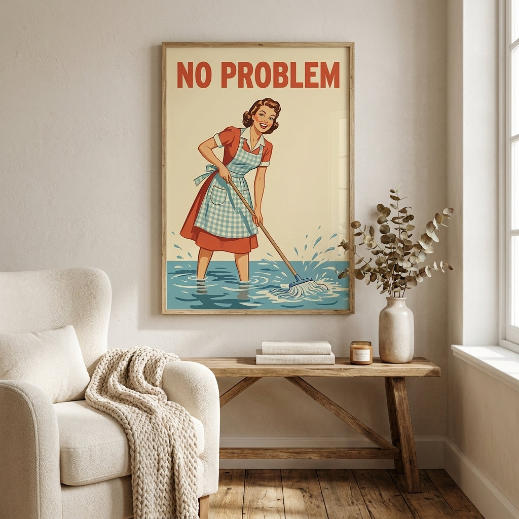 No Problem Vintage Housewife Wall Art, Retro Kitchen Poster, Mid Century Mop Print, Funny Laundry Room Decor, Ironic Homemaker Print