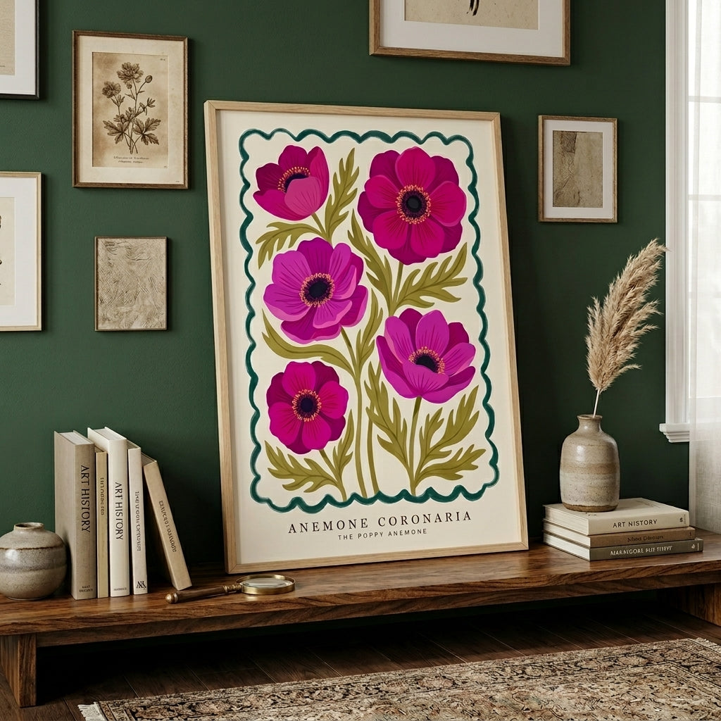 Anemone Coronaria Wall Art, Pink Poppy Anemone Botanical Print, Floral Wall Decor, Vintage Flower Market Poster, Maximalist Living Room Art