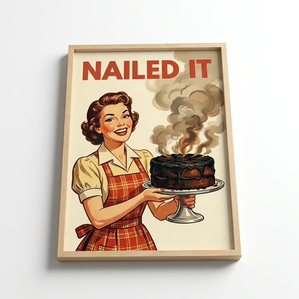 Nailed It Funny Kitchen Wall Art, Retro Vintage Housewife Burnt Cake Poster, Mid Century Baking Print, Humorous Kitchen Decor