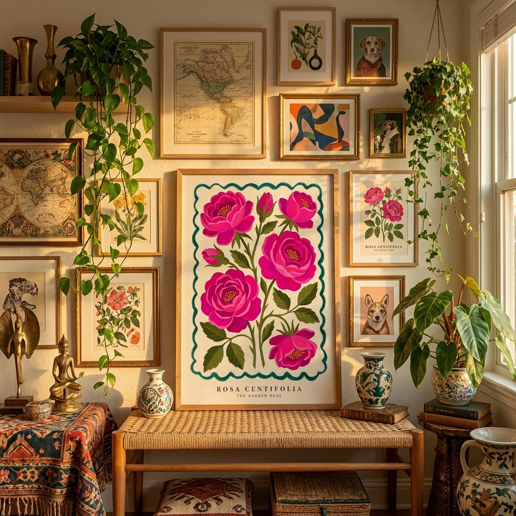 Rosa Centifolia Pink Rose Wall Art, Garden Rose Botanical Poster, Maximalist Floral Print, Bedroom Living Room Decor
