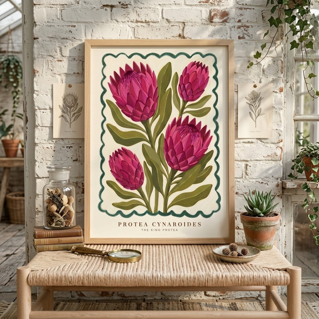 Protea Cynaroides King Protea Wall Art Print, Pink Botanical Poster, Vintage Floral Painting, Boho Cottagecore Living Room Decor