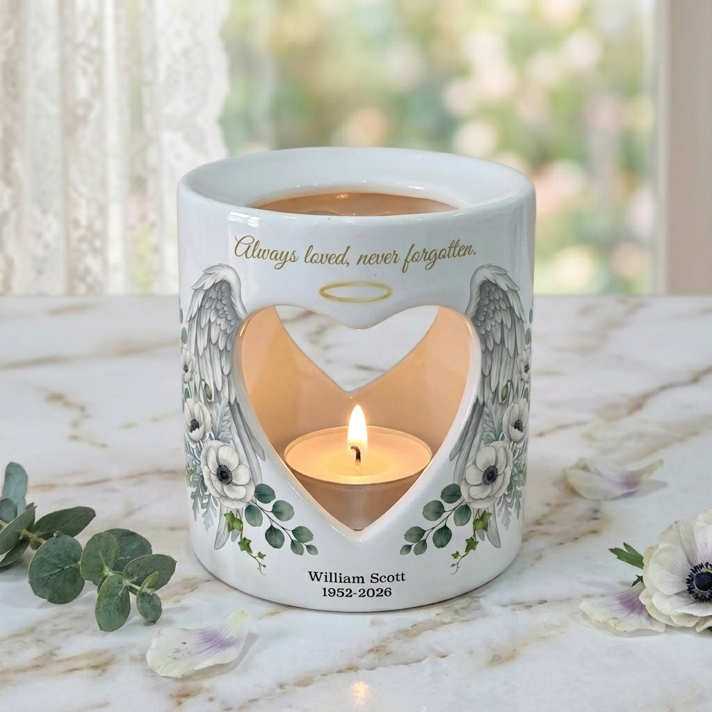 Personalized Memorial Candle Holder, Angel Wings Sympathy Tealight Holder, Custom Remembrance Gift, Always Loved Never Forgotten Keepsake