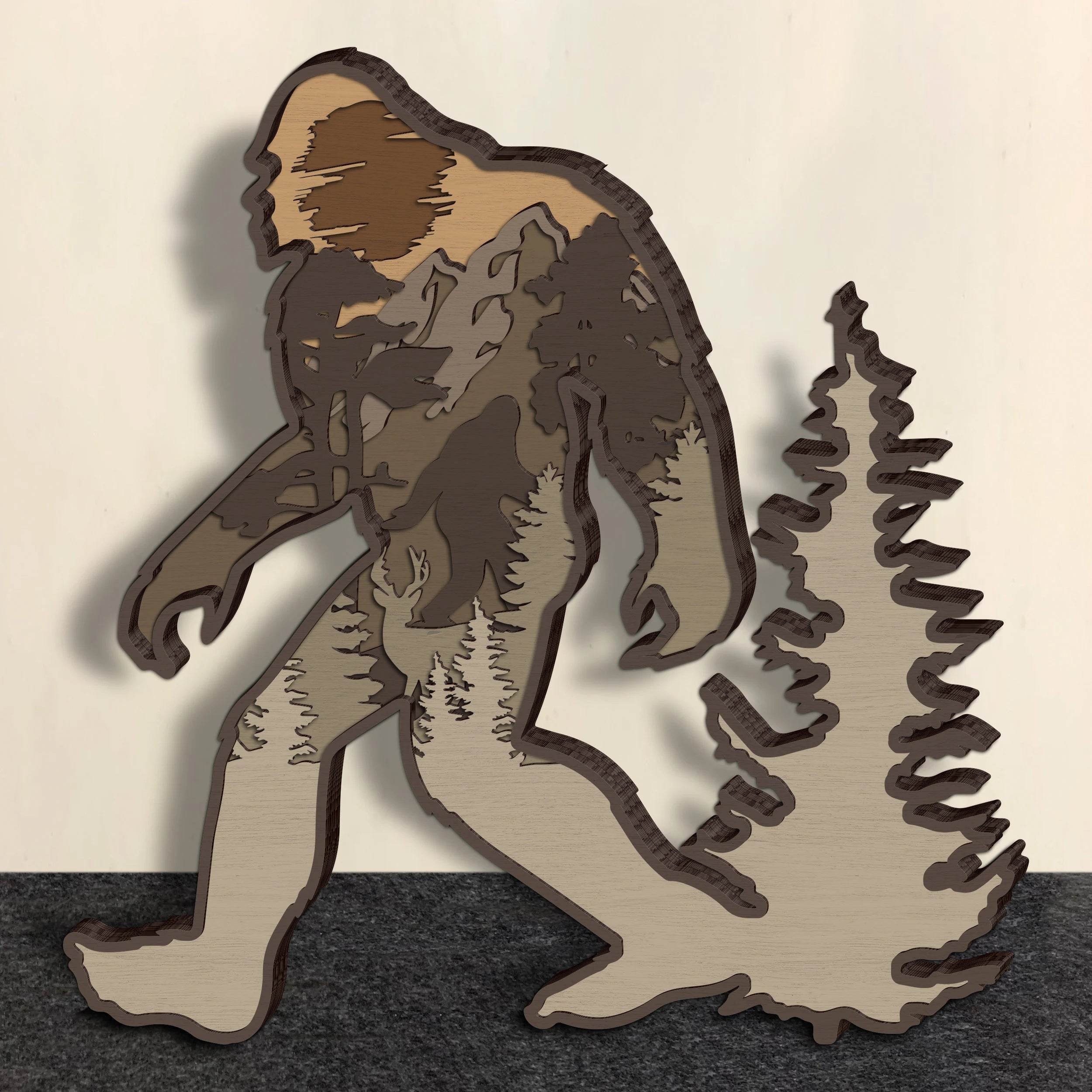 Bigfoot Multilayer Laser Cut SVG Files, Sasquatch Forest Scene 3D Layered Wood Cutting File, Glowforge Cricut Digital Download