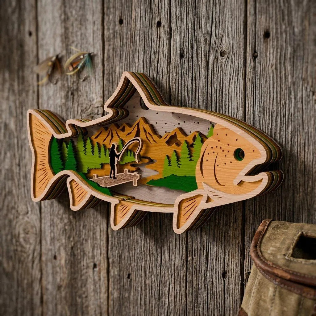 Fly Fishing Trout 3D Multilayer SVG Laser Cut File, Fisherman Mountain Scene Wood Wall Art Digital Download for Glowforge