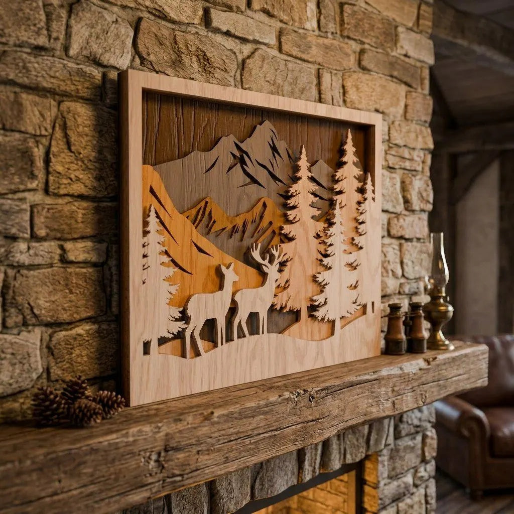 3D Deer Mountain Forest Shadow Box SVG Laser Cut File, Multilayer Wildlife Wall Art, Glowforge Cricut Cabin Decor Digital Download