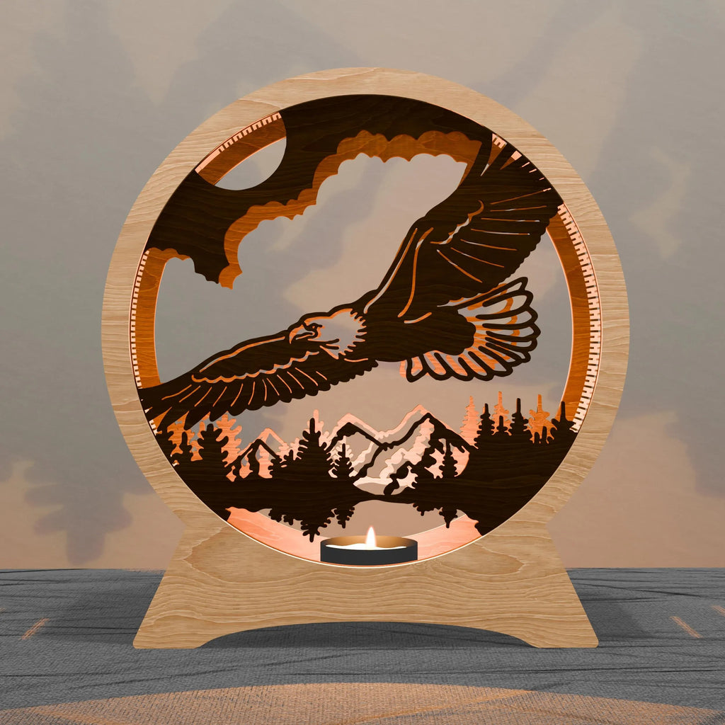 Eagle Mountain Multilayer 3D SVG Laser Cut File, Round Tealight Lantern Shadow Box, Bald Eagle Wildlife Light Box Digital Download