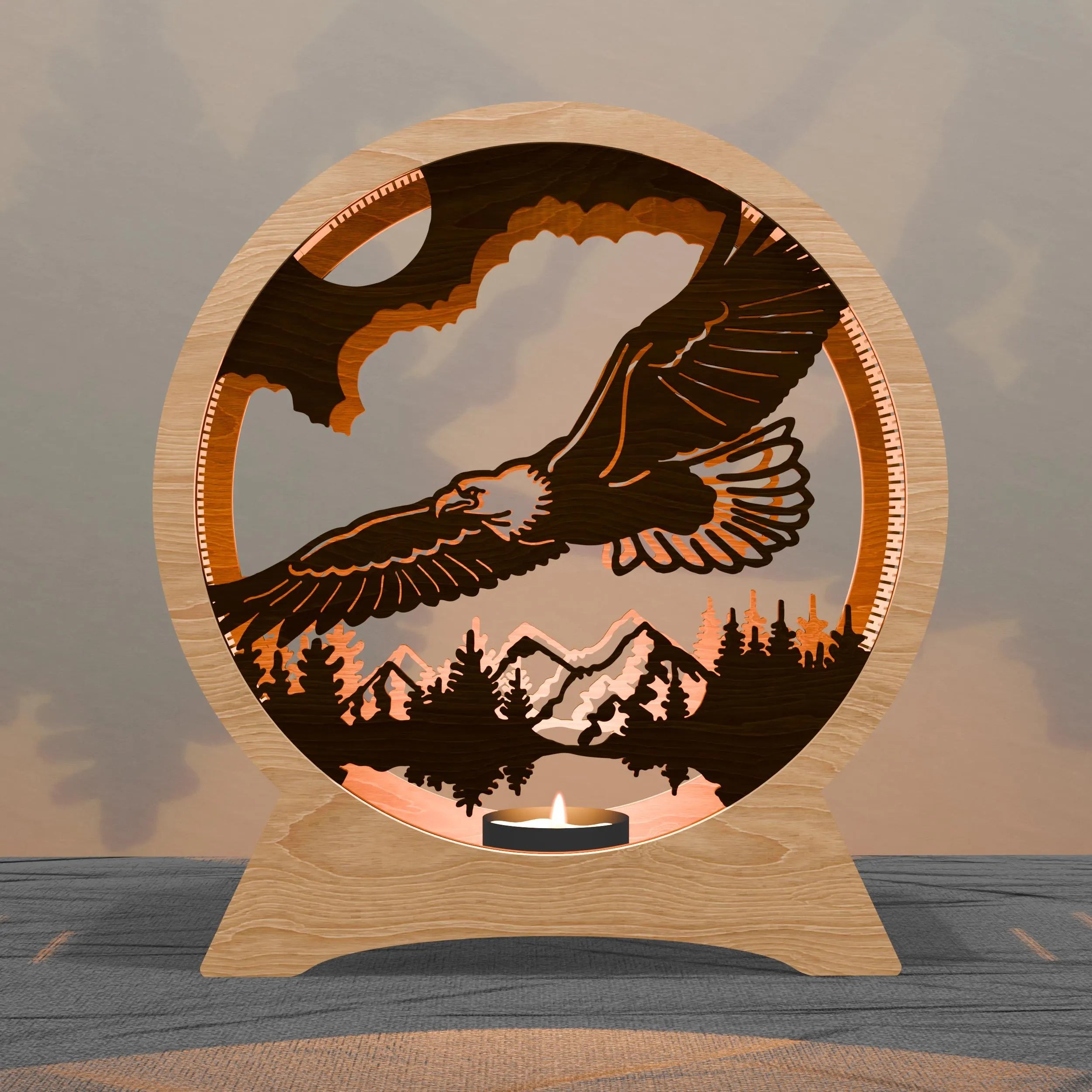 Eagle Mountain Multilayer 3D SVG Laser Cut File, Round Tealight Lantern Shadow Box, Bald Eagle Wildlife Light Box Digital Download