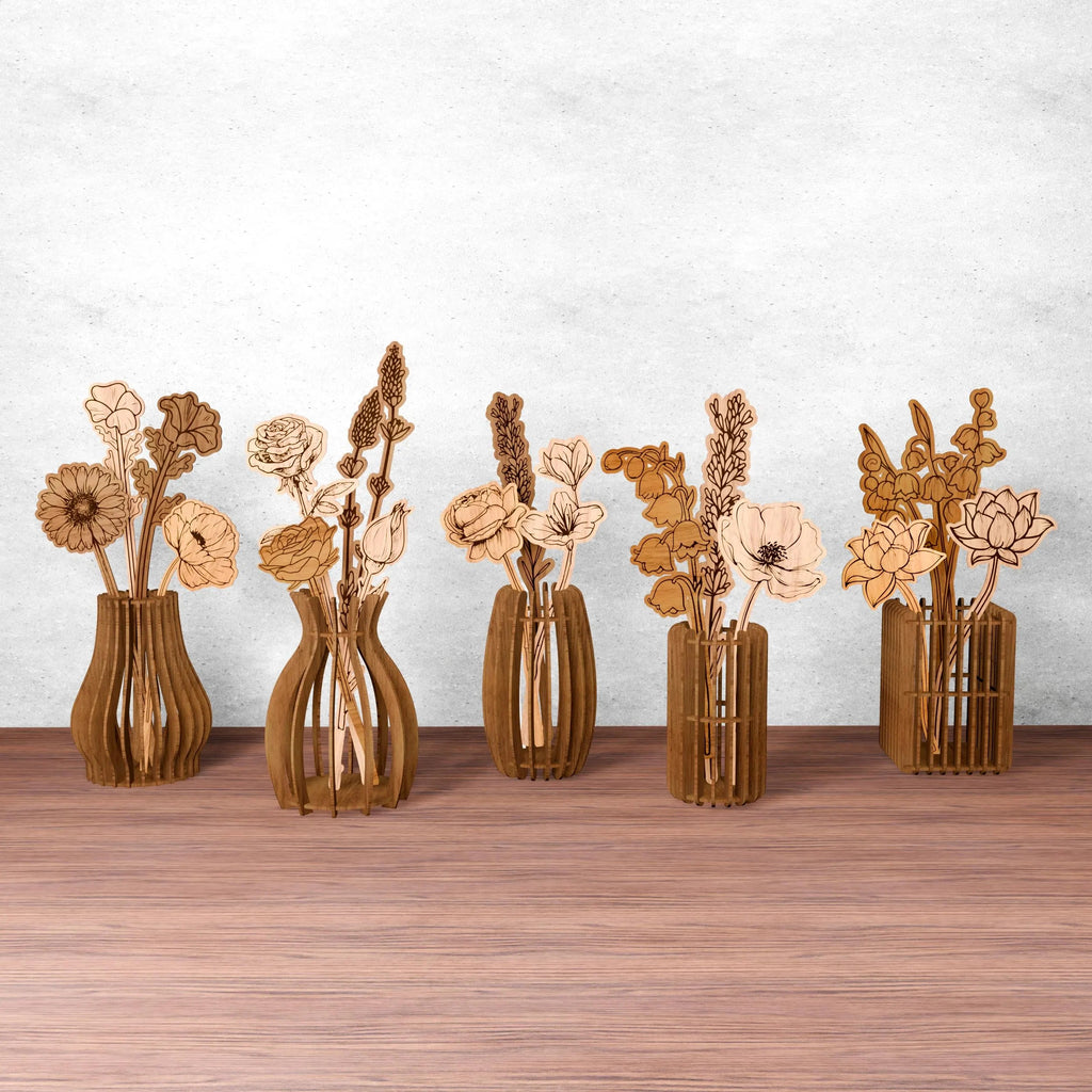 Laser Cut Wooden Flower Vase Bundle SVG, Floral Bouquet Vase Laser Files, Glowforge Cricut Digital Download, Home Decor SVG