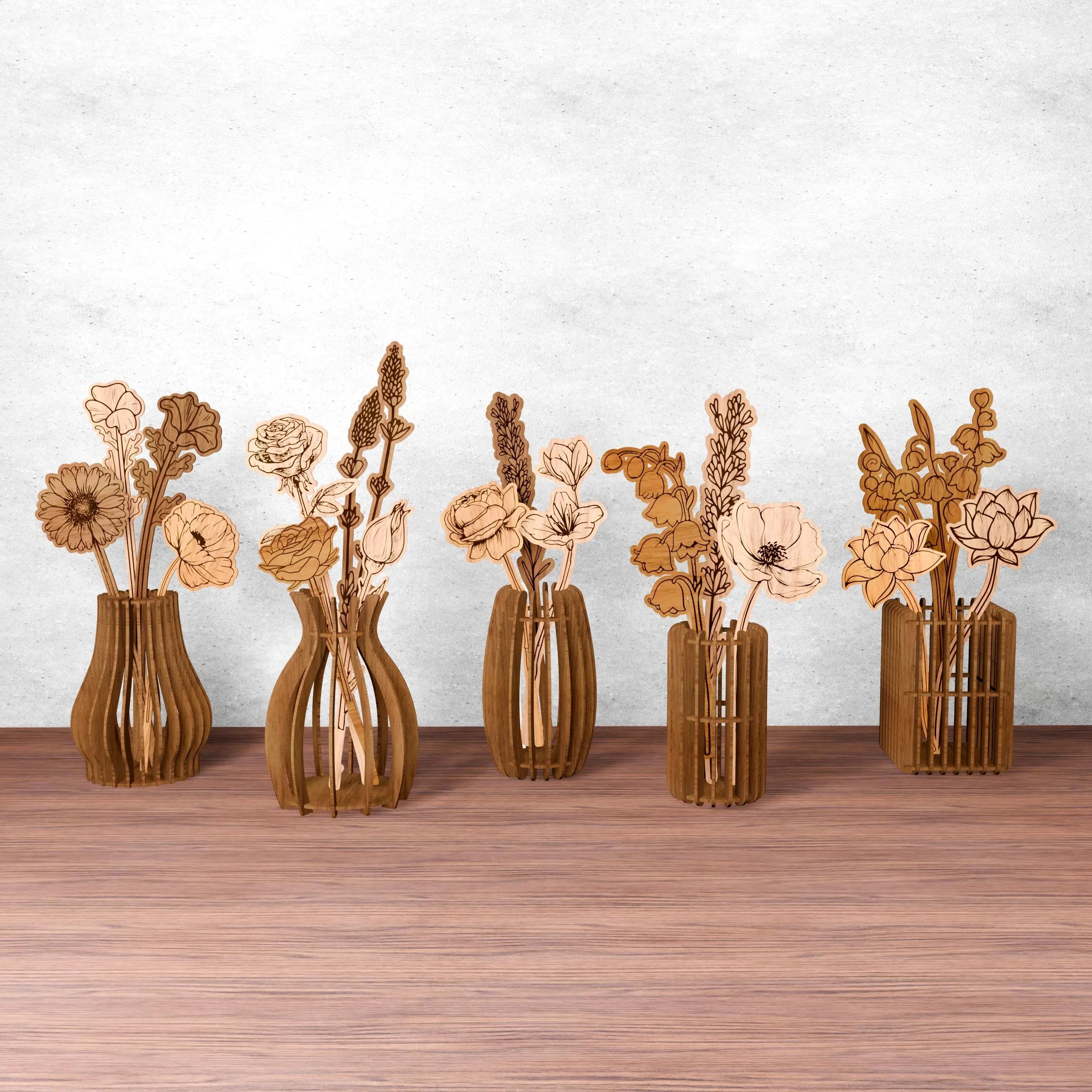 Laser Cut Wooden Flower Vase Bundle SVG, Floral Bouquet Vase Laser Files, Glowforge Cricut Digital Download, Home Decor SVG