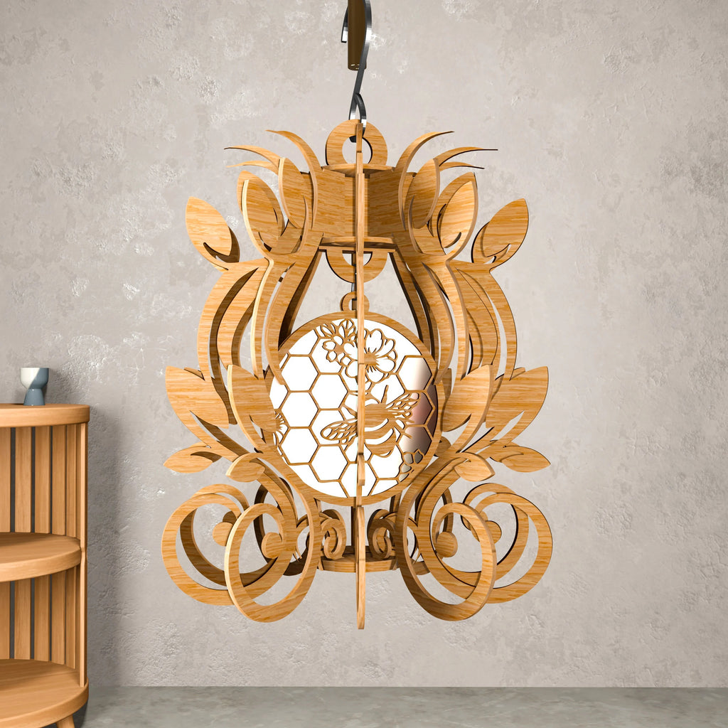 Bee Honeycomb Floral Pendant Lamp Laser Cut Files SVG DXF CDR Digital Download Wooden Chandelier Vector Plans for CNC