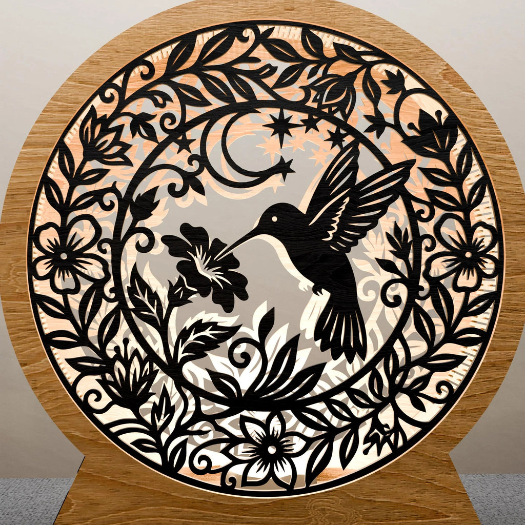 Hummingbird Floral Mandala Laser Cut SVG, 3D Layered Light Box Template, Night Light Shadow Box Digital File for Glowforge, Cricut