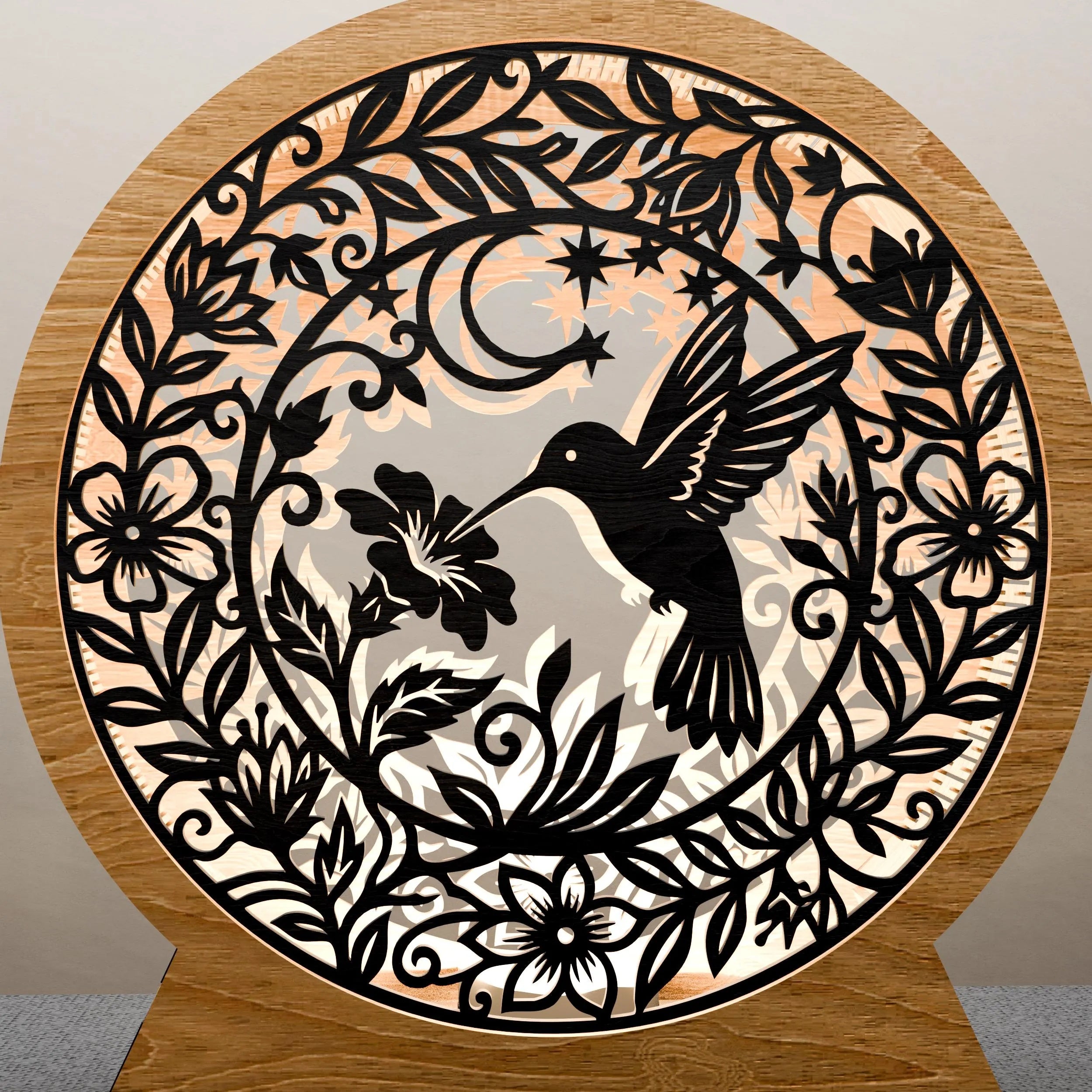 Hummingbird Floral Mandala Laser Cut SVG, 3D Layered Light Box Template, Night Light Shadow Box Digital File for Glowforge, Cricut