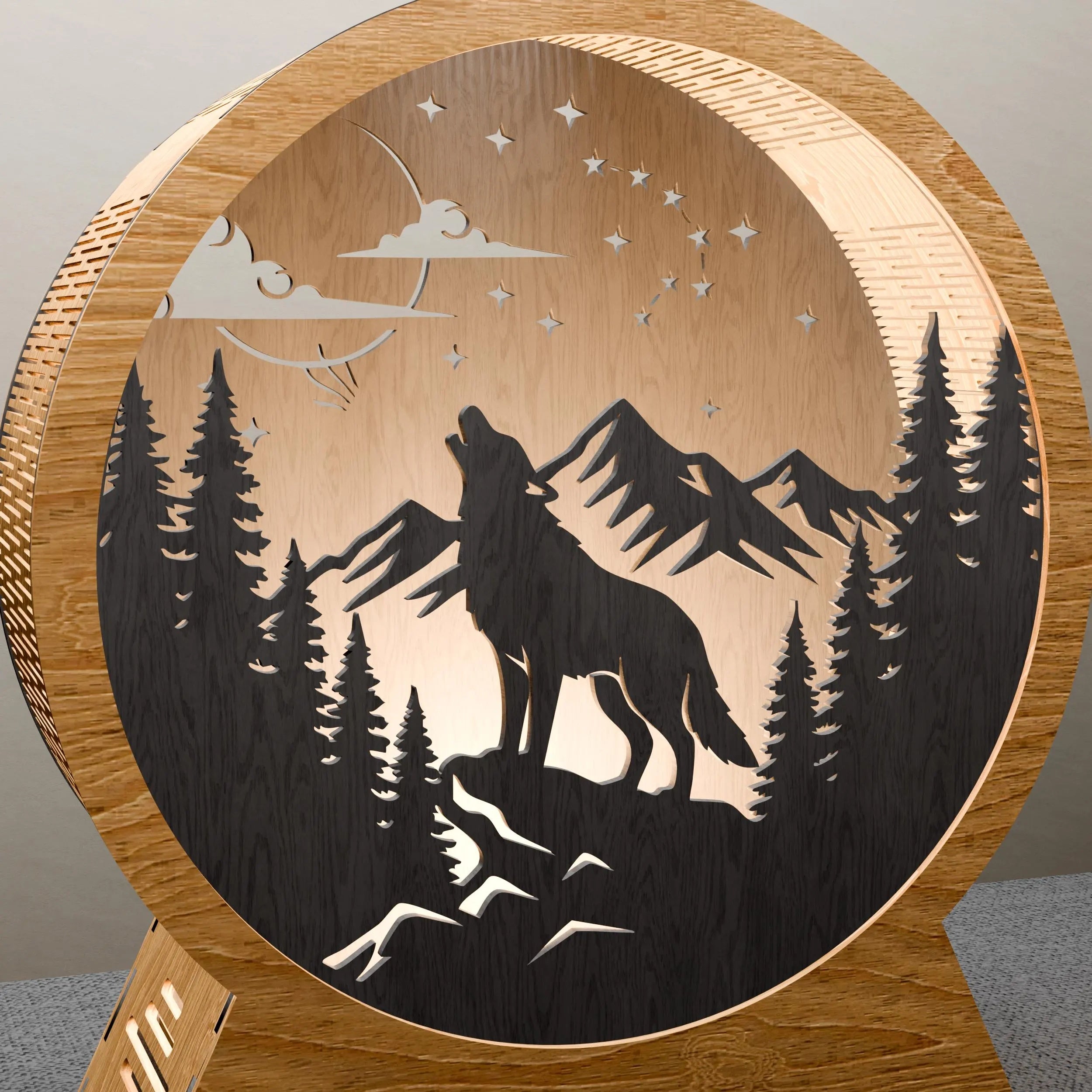 Howling Wolf Mountain Night Lamp SVG Laser Cut Files, 3D Round Wooden Light Box DXF, Forest Scene CNC Digital Download