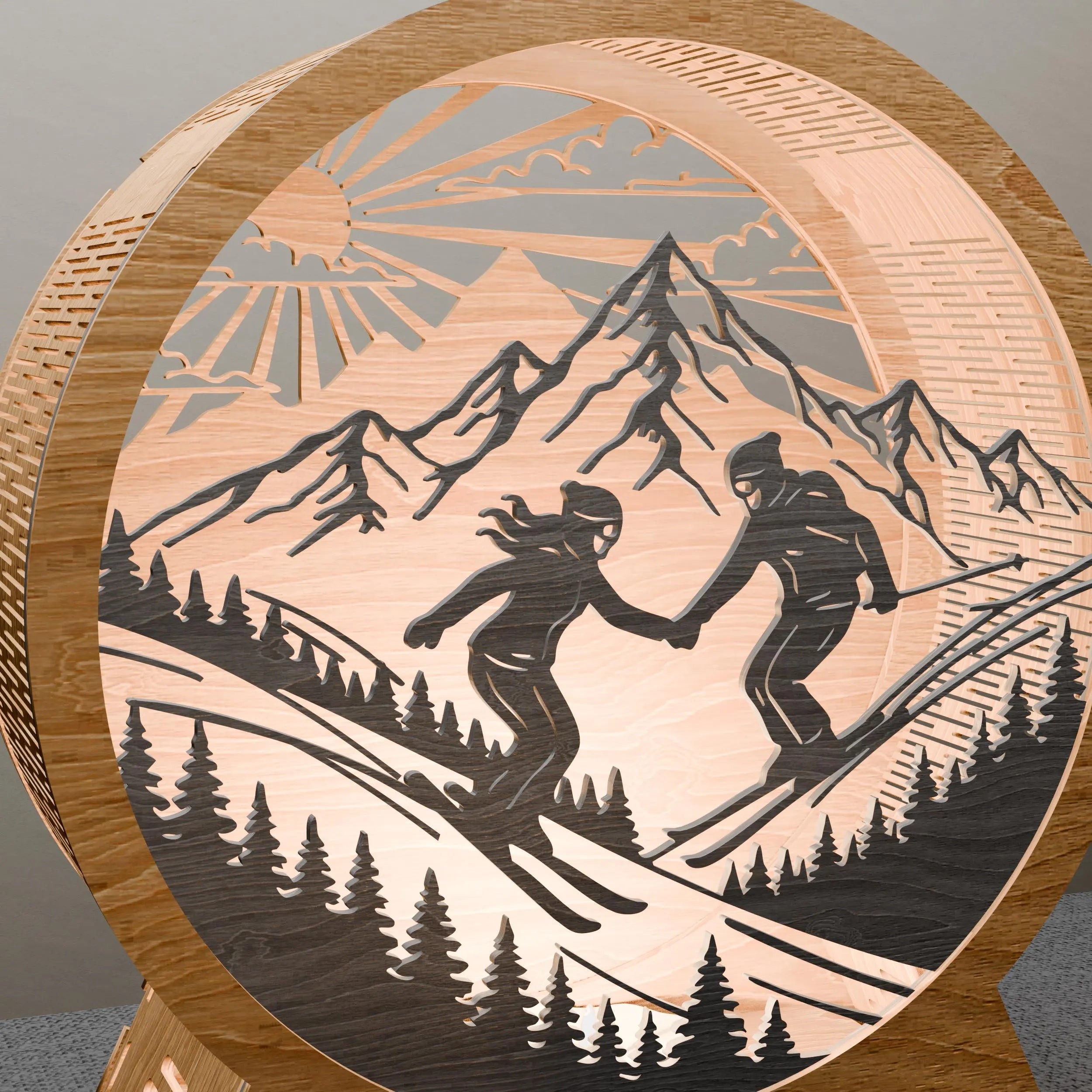 Skiing Couple Multilayer 3D SVG Laser Cut File, Mountain Ski Light Box Digital Download, Glowforge Wood Lamp Files