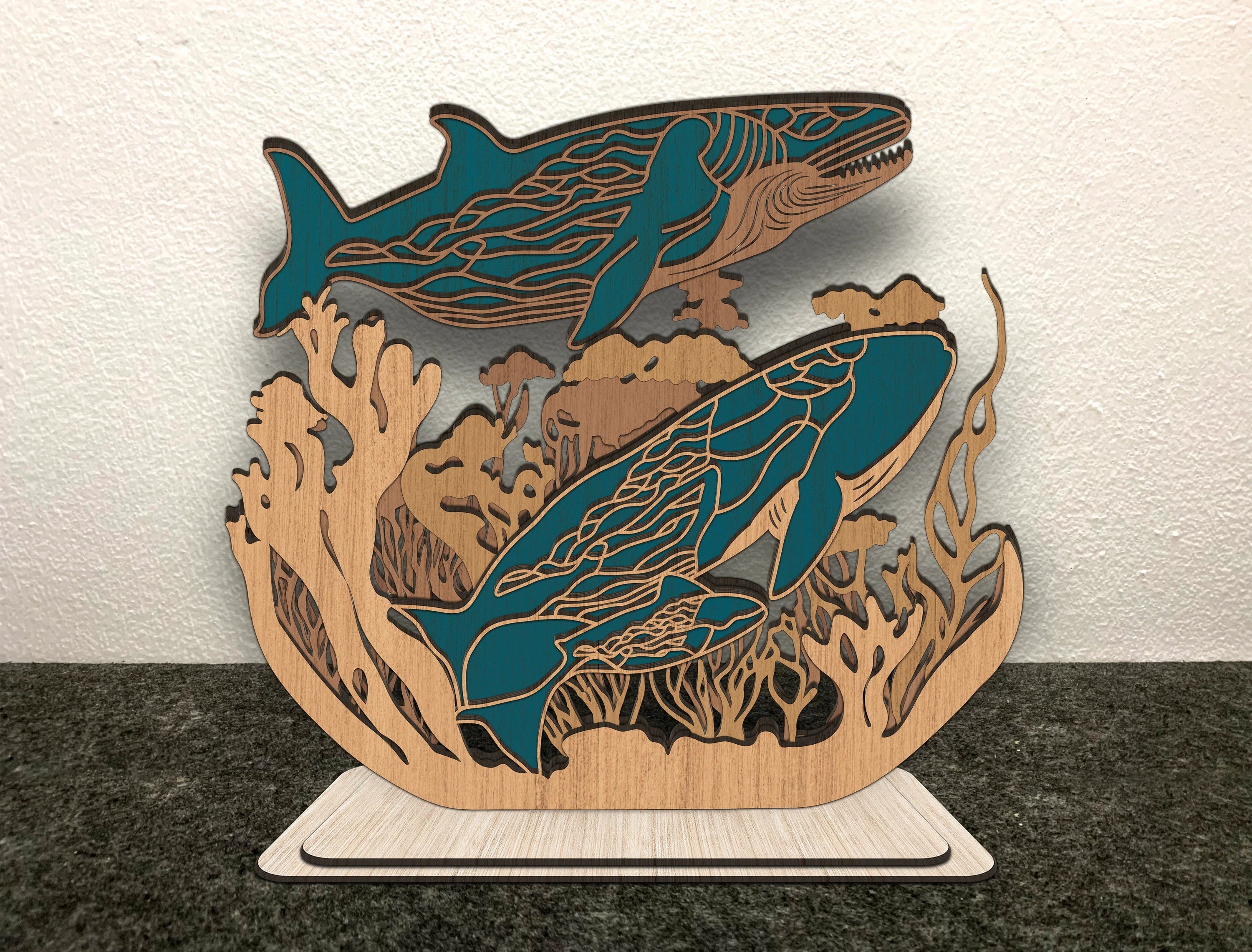 Whale & Sea Turtle Multilayer Mandala SVG, Ocean Coral Reef 3D Layered Laser Cut File, Underwater Wood Art Glowforge Cricut