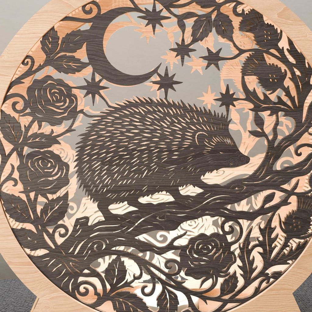 Hedgehog Moon Night Light Box SVG Laser Cut File, Multilayer 3D Mandala Lamp DXF, Layered Forest Animal Shadow Box Digital Download