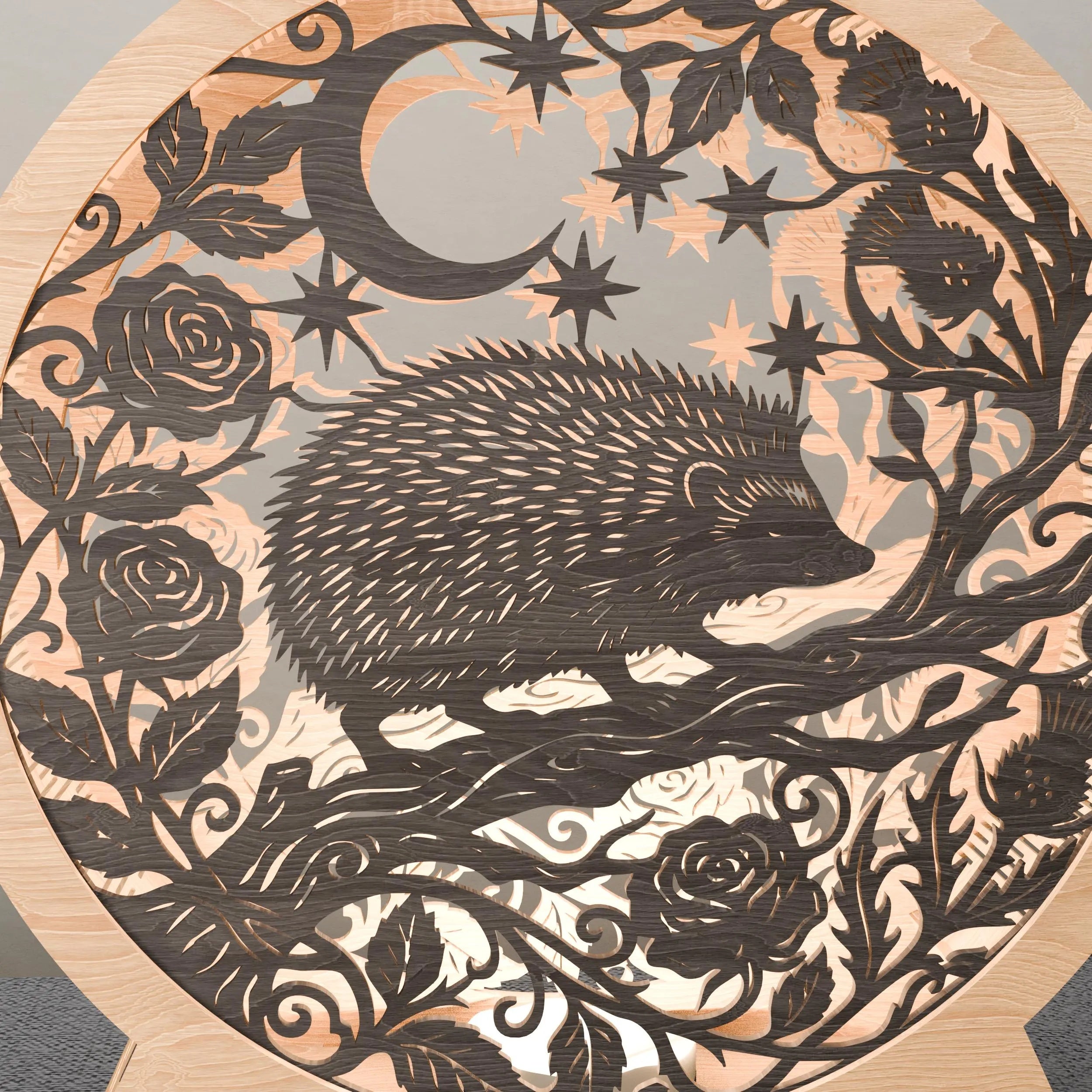 Hedgehog Moon Night Light Box SVG Laser Cut File, Multilayer 3D Mandala Lamp DXF, Layered Forest Animal Shadow Box Digital Download